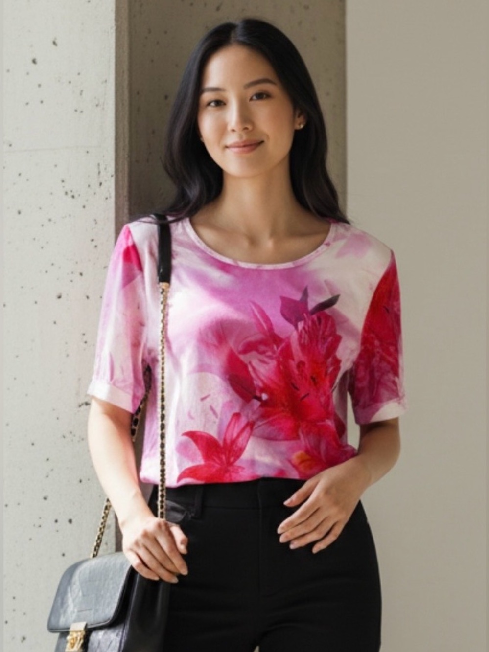 ONE WORLD Pink & White Floral Short-Sleeve Tee